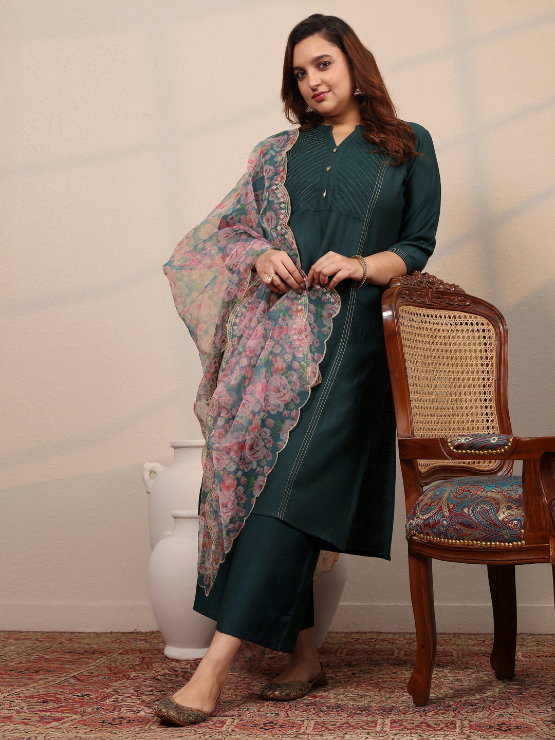 Plus Size Teal Woven Design Silk Blend Straight Suit Set With Dupatta
