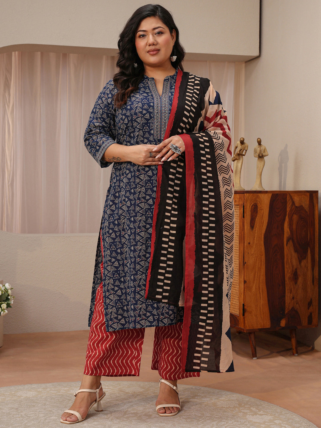  Plus Size Blue Geometric Print Cotton Straight Suit Set 