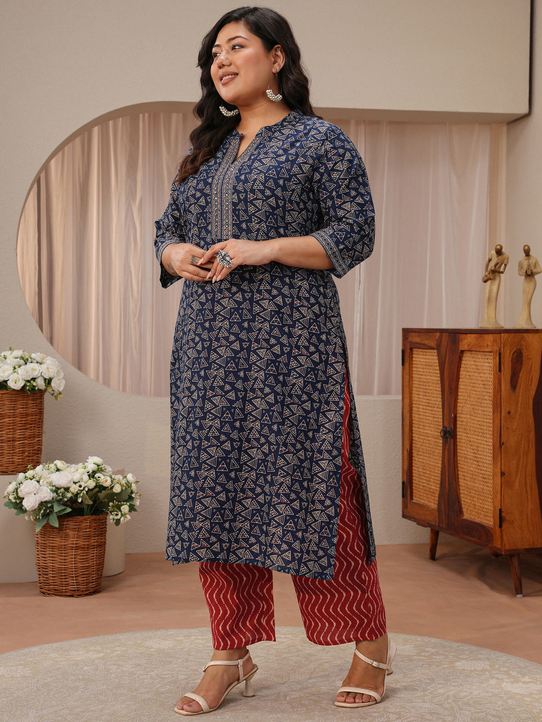 Plus Size Blue Geometric Print Cotton Straight Suit Set 