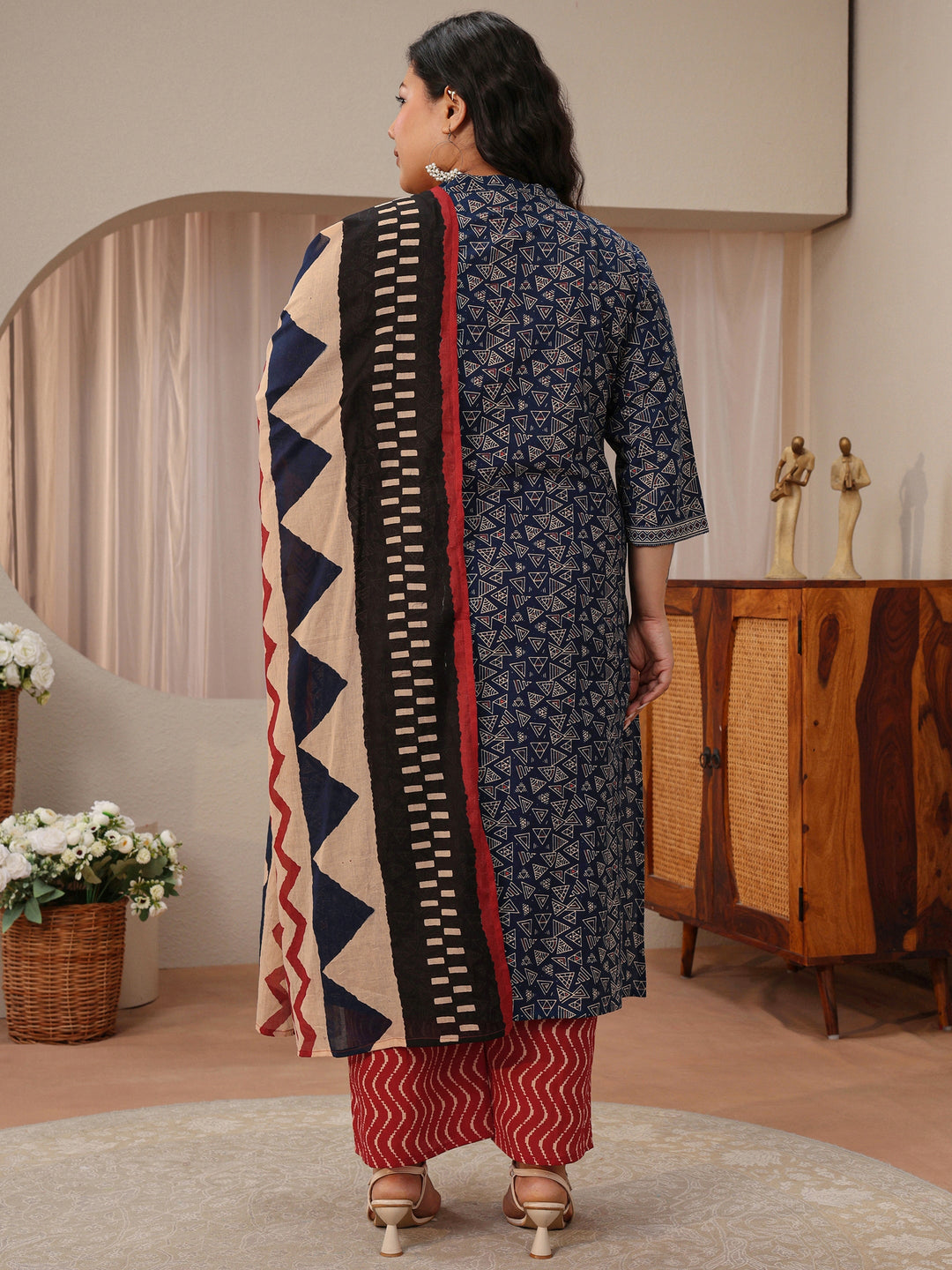  Plus Size Blue Geometric Print Cotton Straight Suit Set 