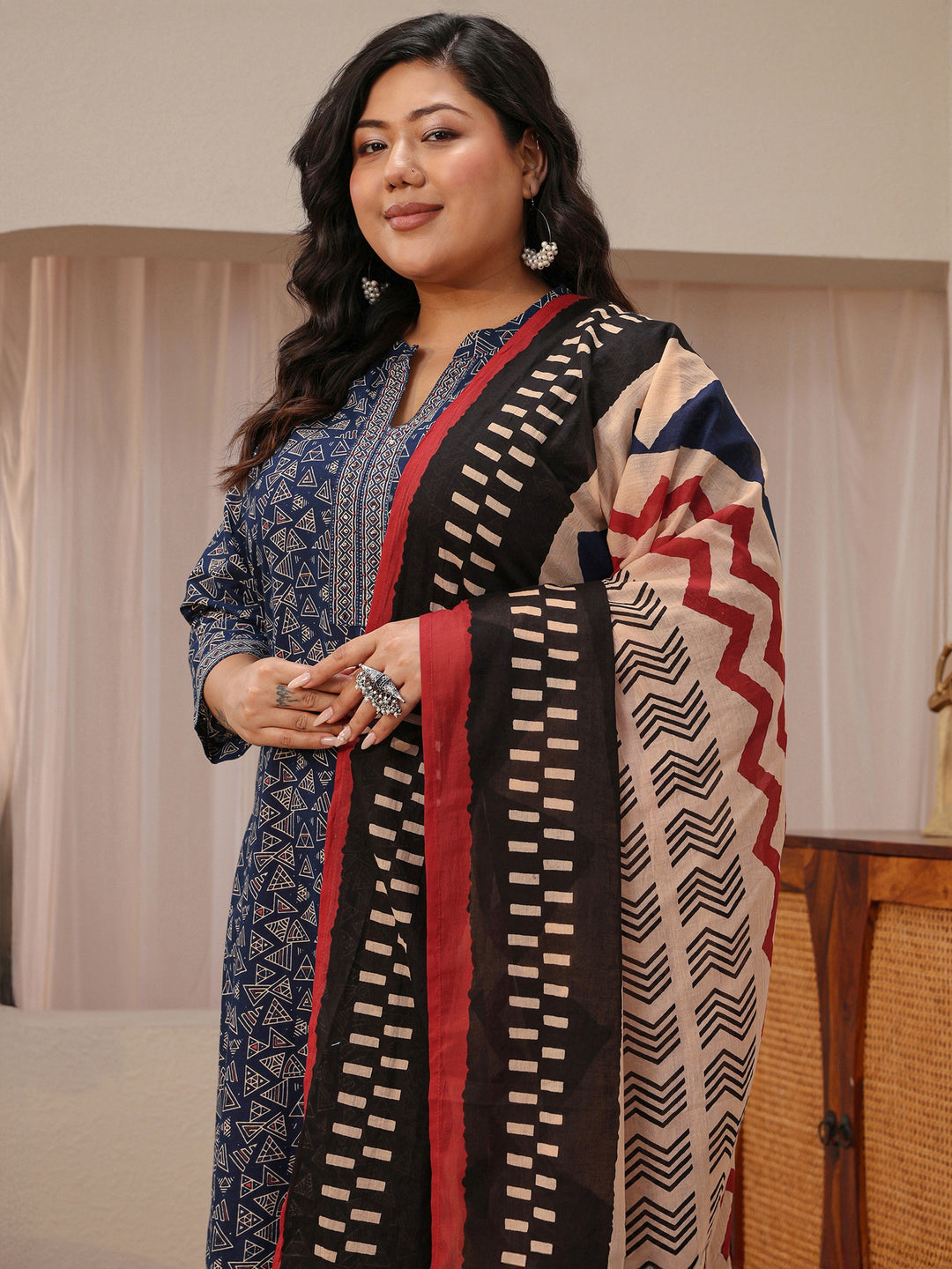  Plus Size Blue Geometric Print Cotton Straight Suit Set 