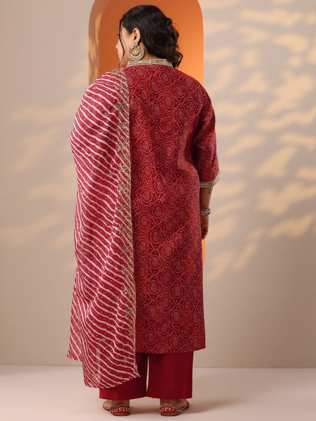  Plus Size Red Printed Silk Blend Straight Suit Set With Dupatta 