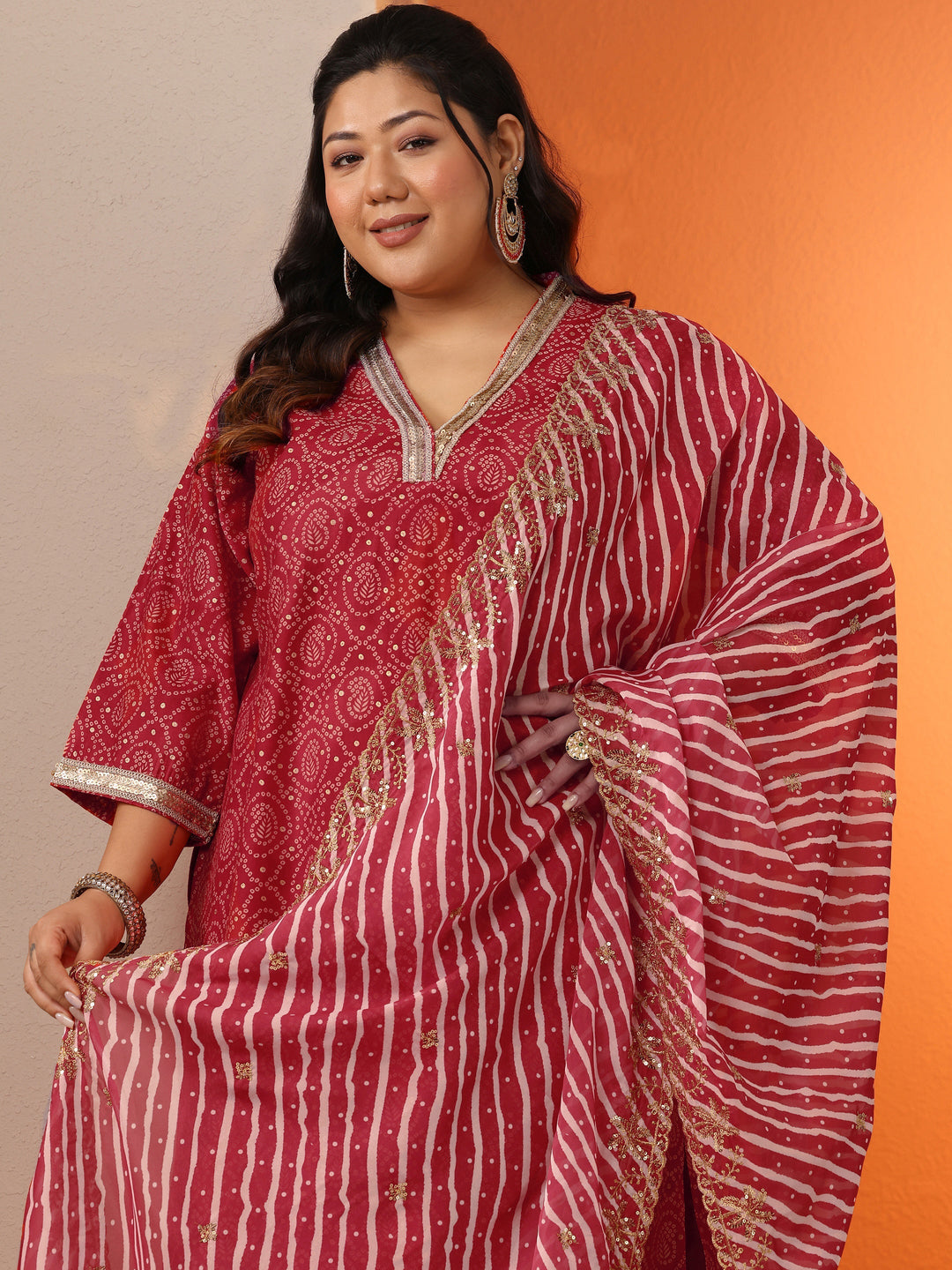 Plus Size Red Printed Silk Blend Straight Suit Set With Dupatta