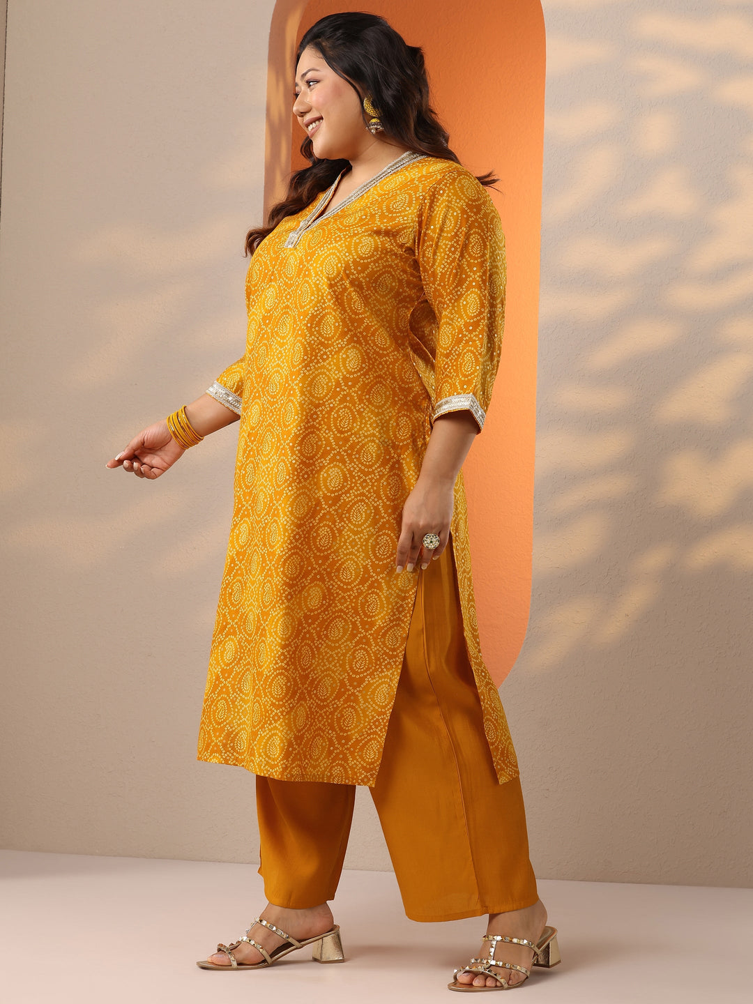  Plus Size Yellow Printed Silk Blend Straight Suit Set With Dupatta 