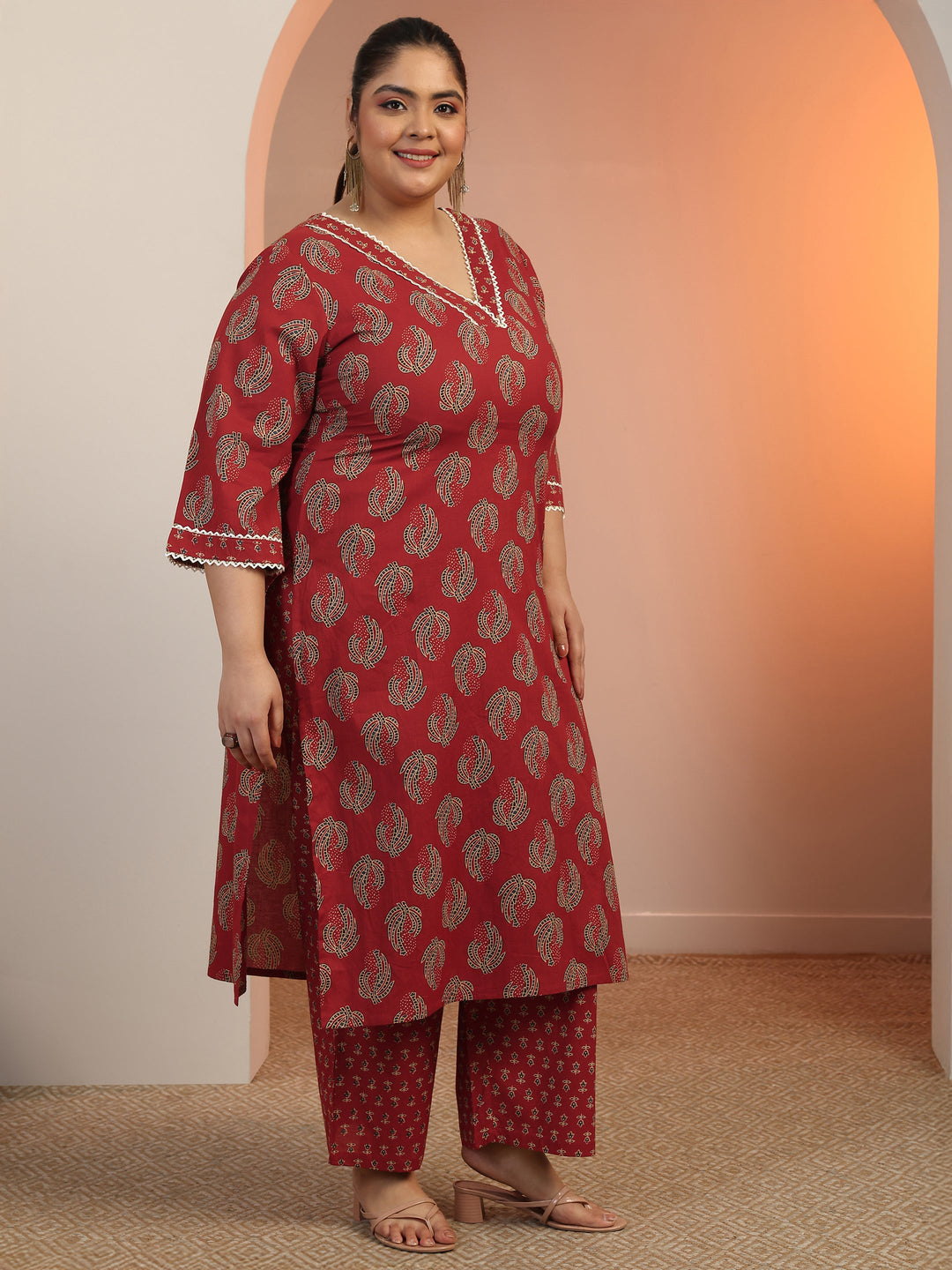  Plus Size Maroon Printed Cotton Straight Kurta Set 