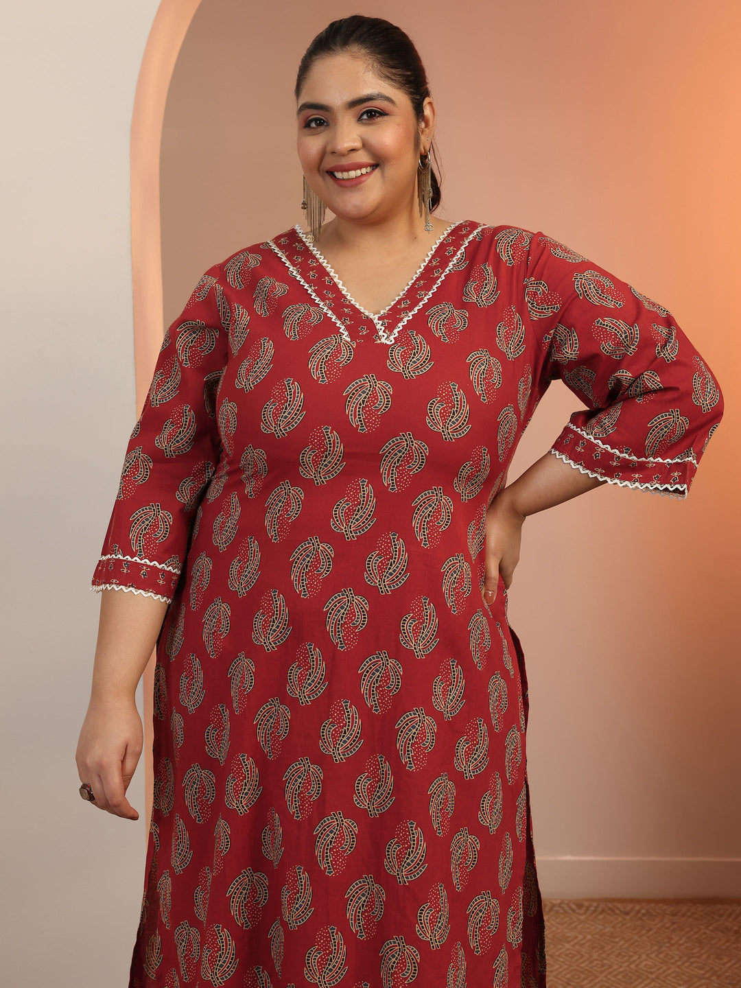  Plus Size Maroon Printed Cotton Straight Kurta Set 