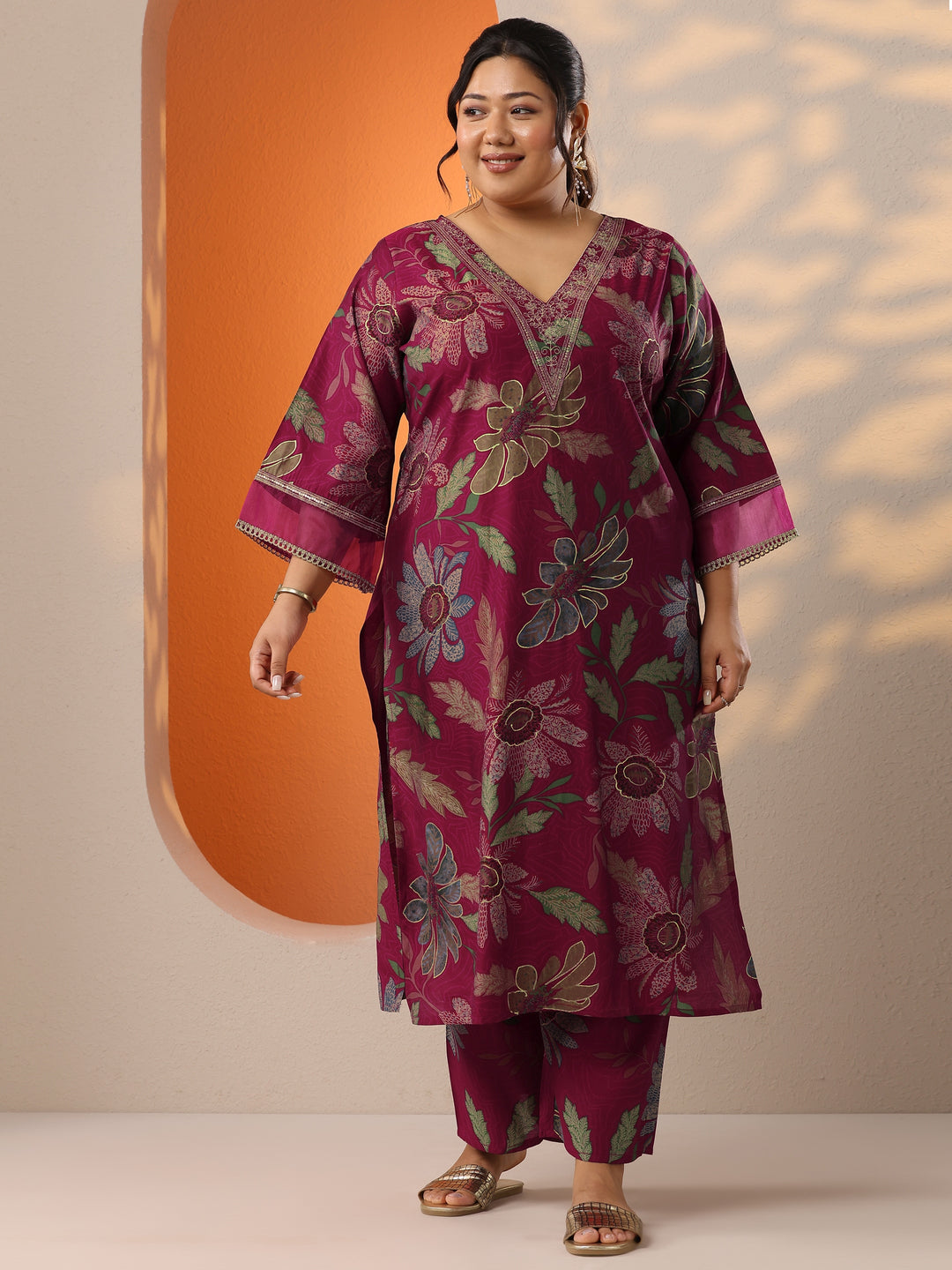  Plus Size Maroon Printed Silk Blend Co-Ord Set 