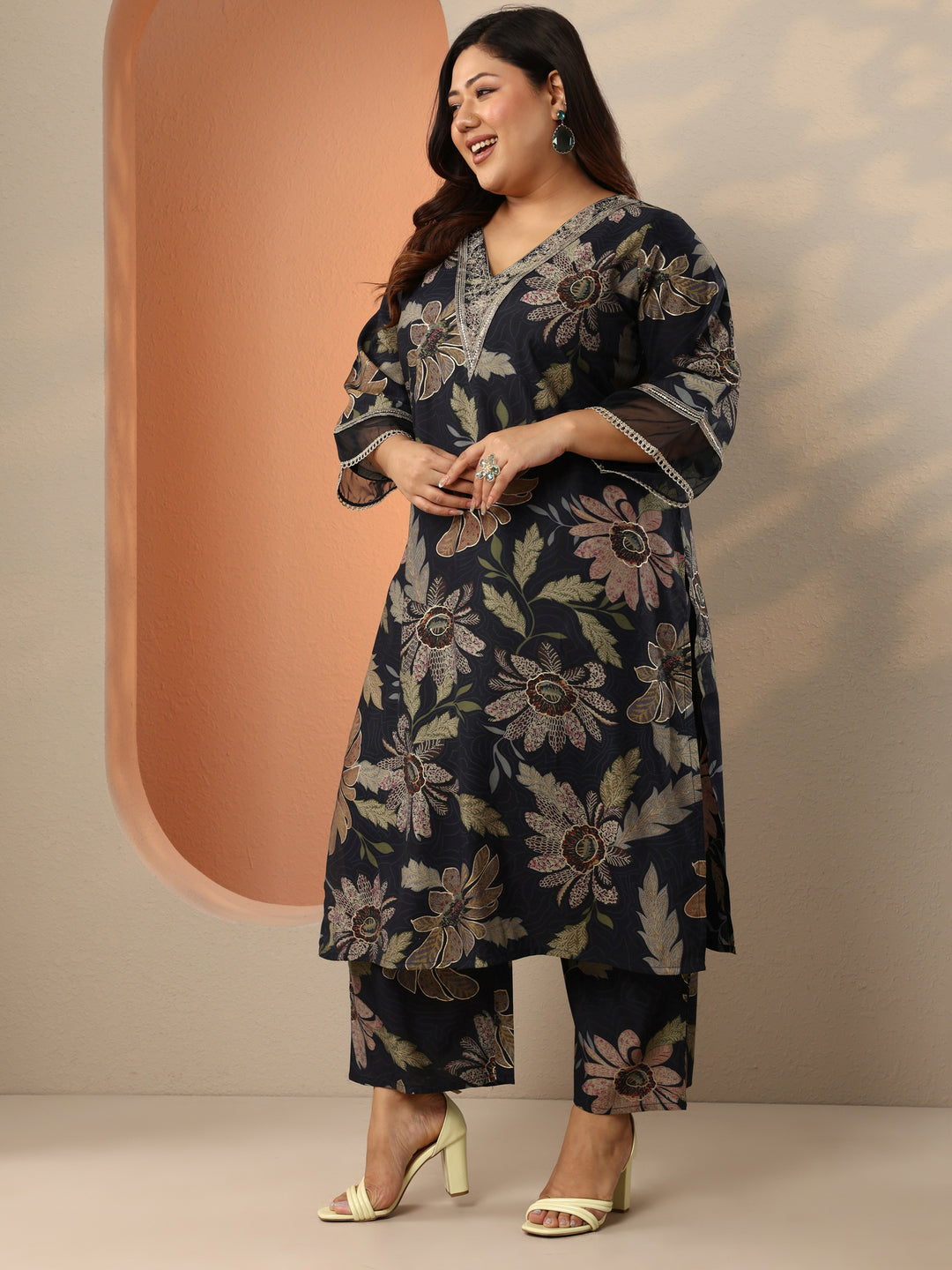  Plus Size Black Printed Silk Blend Straight Kurta Set 