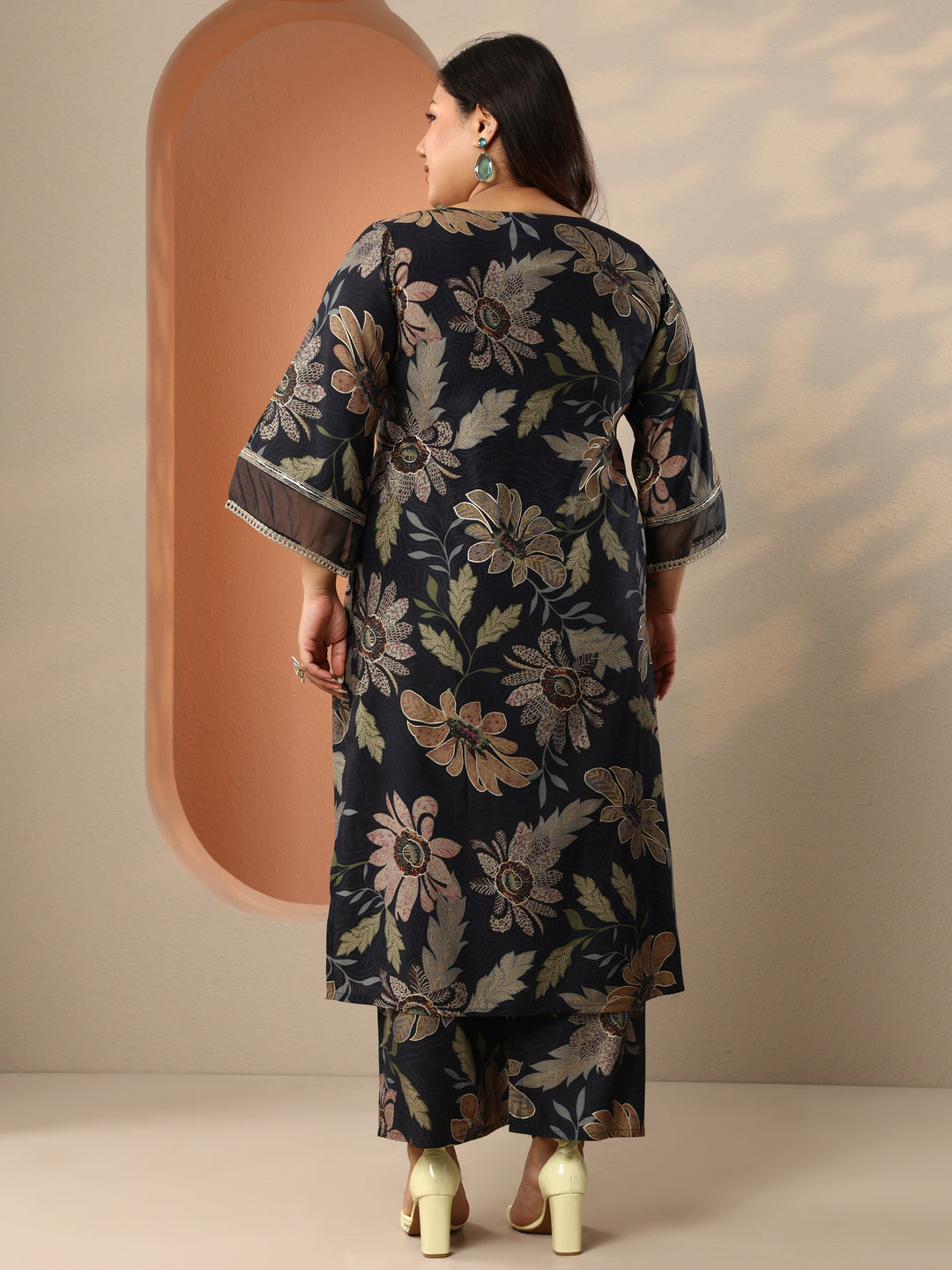  Plus Size Black Printed Silk Blend Straight Kurta Set 