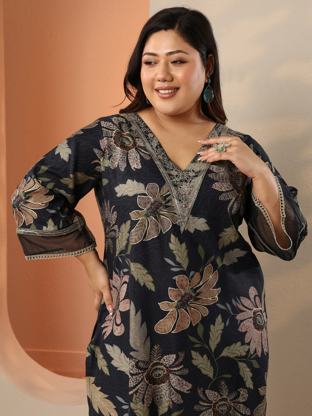  Plus Size Black Printed Silk Blend Straight Kurta Set 