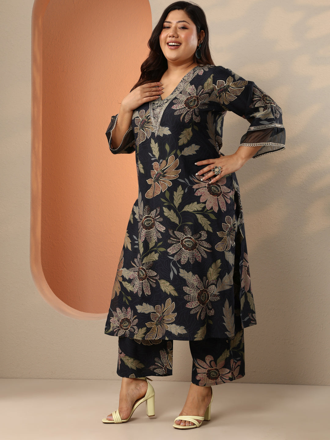  Plus Size Black Printed Silk Blend Straight Kurta Set 