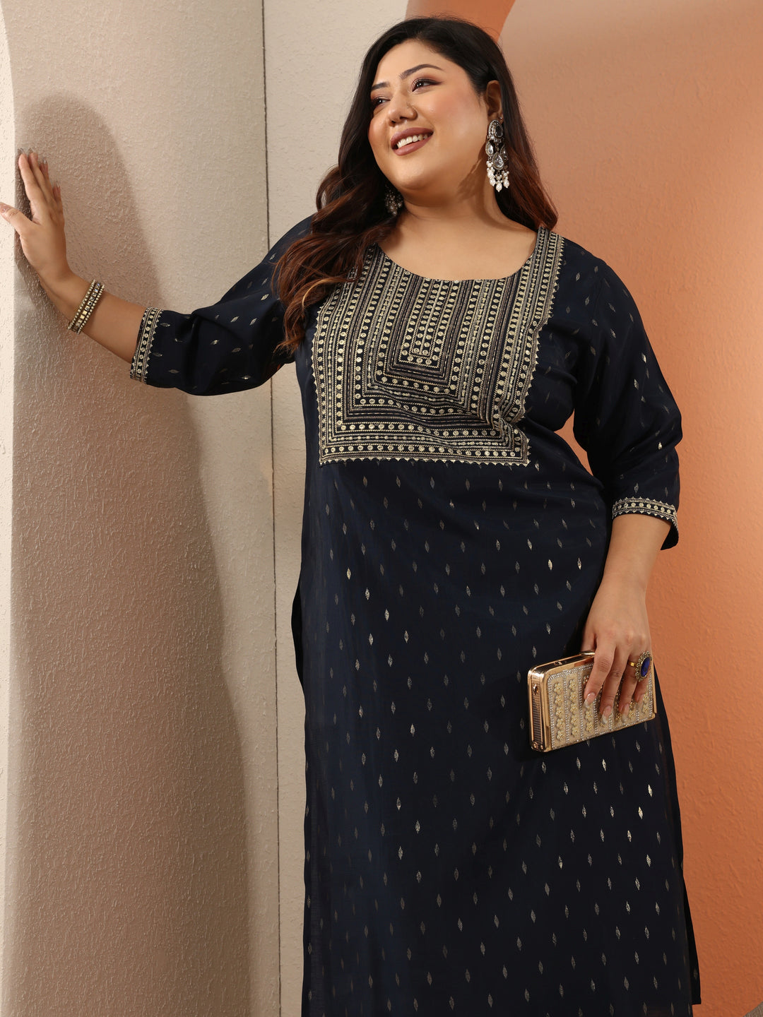  Plus Size Navy Blue Embellished Silk Blend Straight Kurta Set 