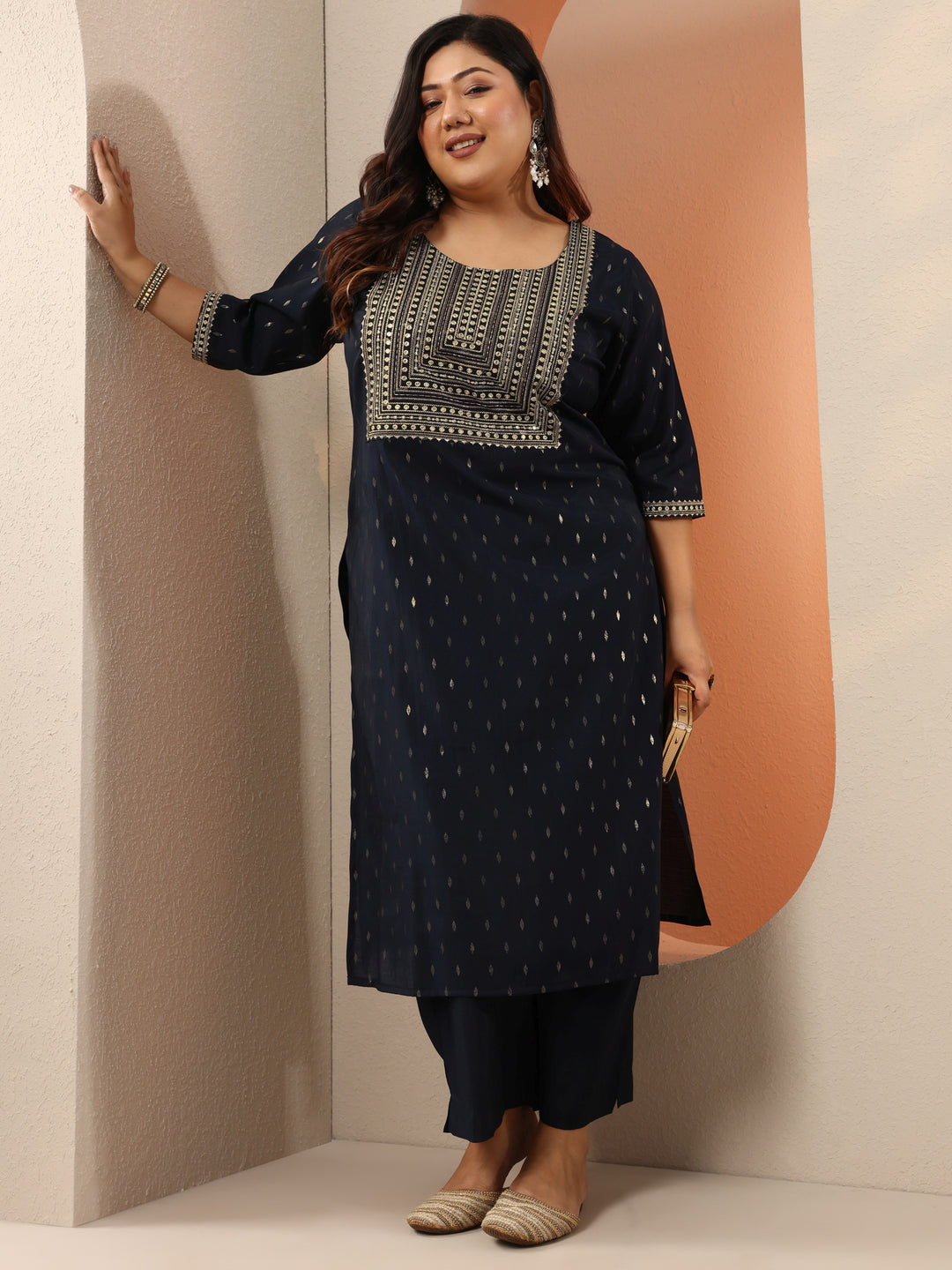 Plus Size Navy Blue Embellished Silk Blend Straight Kurta Set 