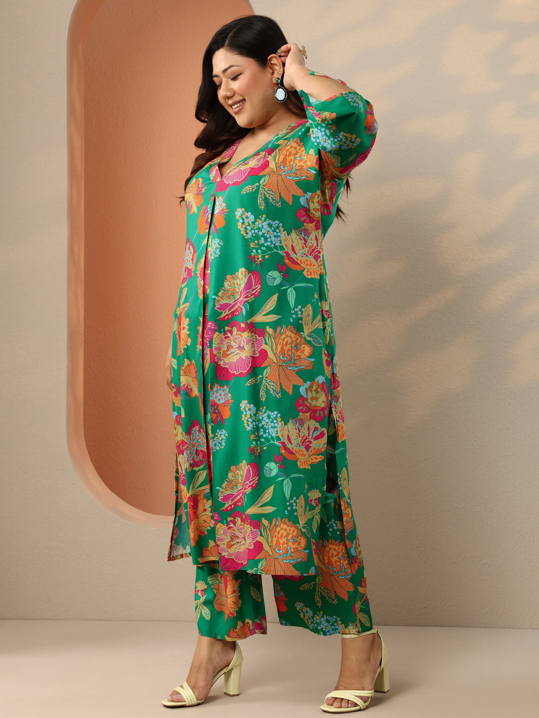  Plus Size Green Printed Rayon Straight Co-Ord Set 