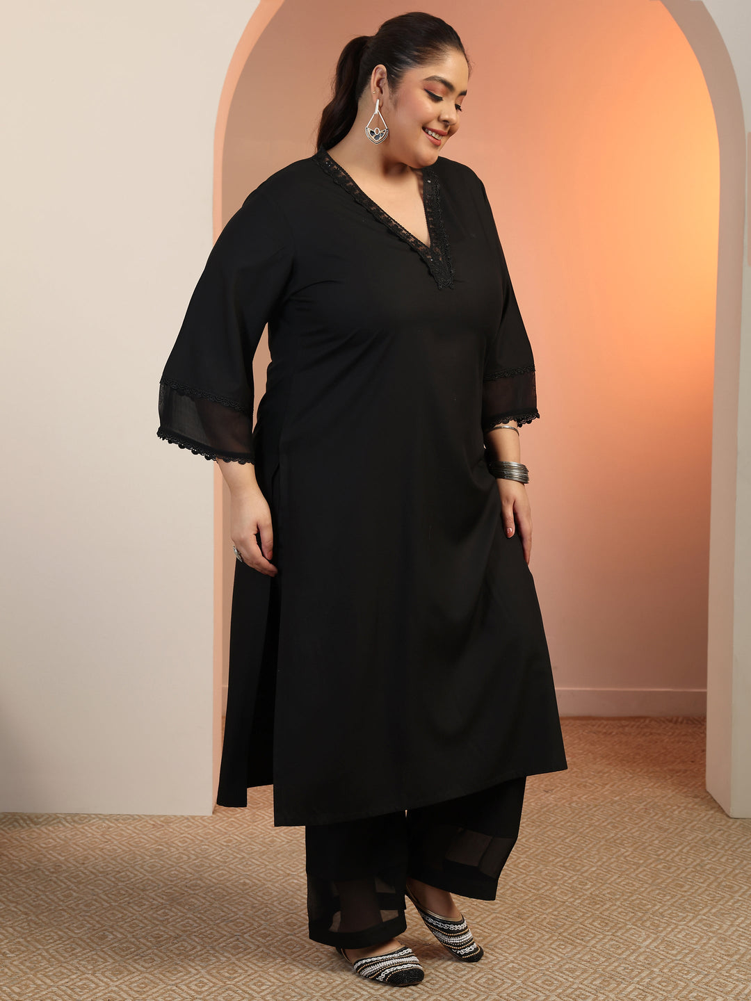  Plus Size Black Embellished Rayon Co-Ord Sets 