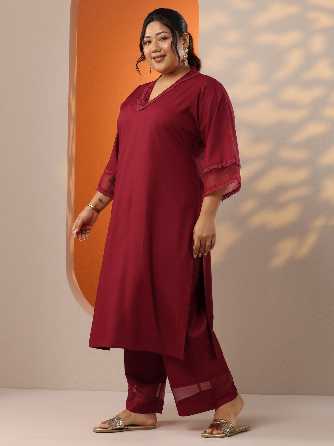  Plus Size Maroon Embellished Rayon Co-Ord Sets 