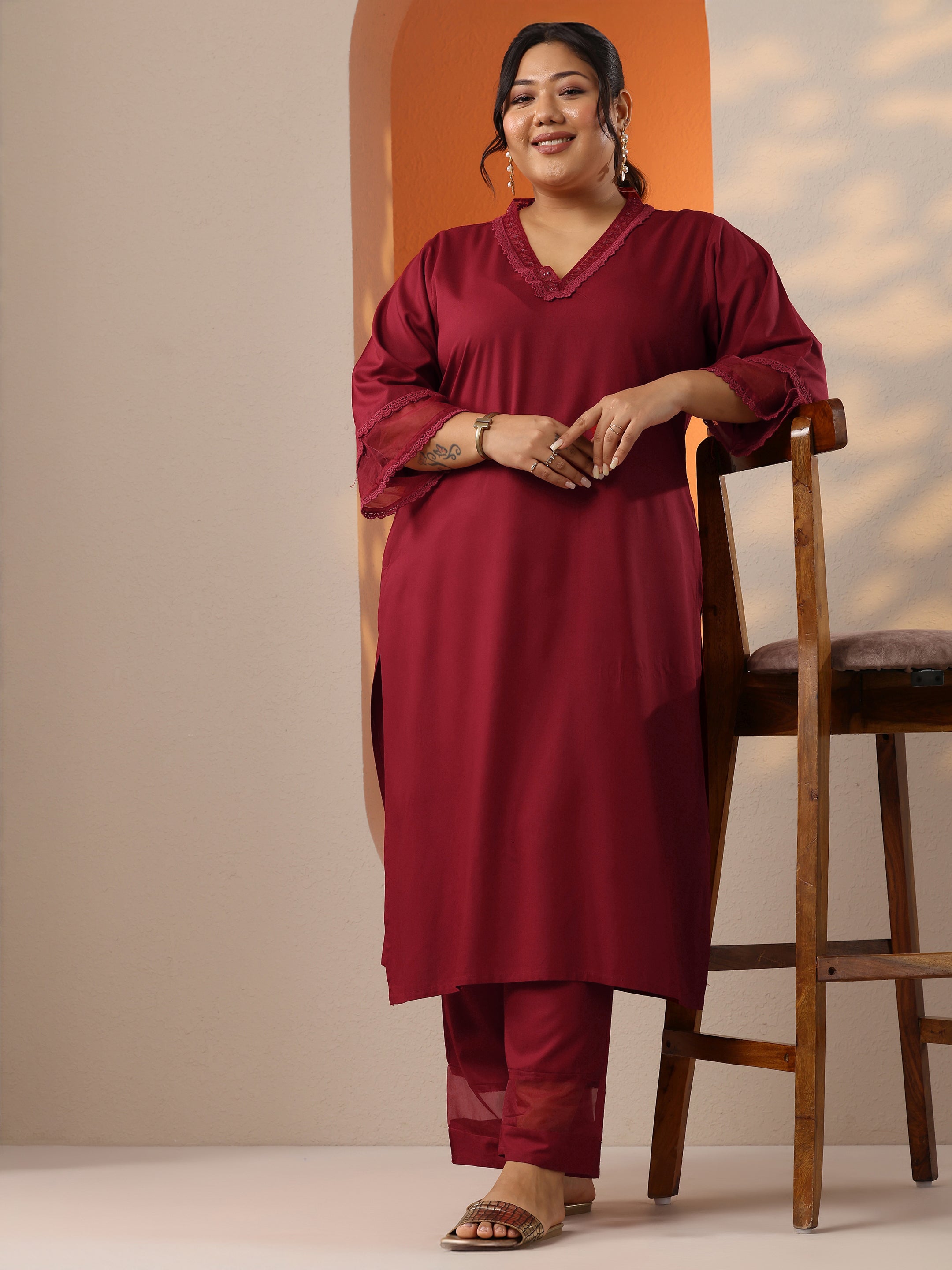 libas Plus Size Maroon Embellished Rayon Co-Ord Sets-picture-22