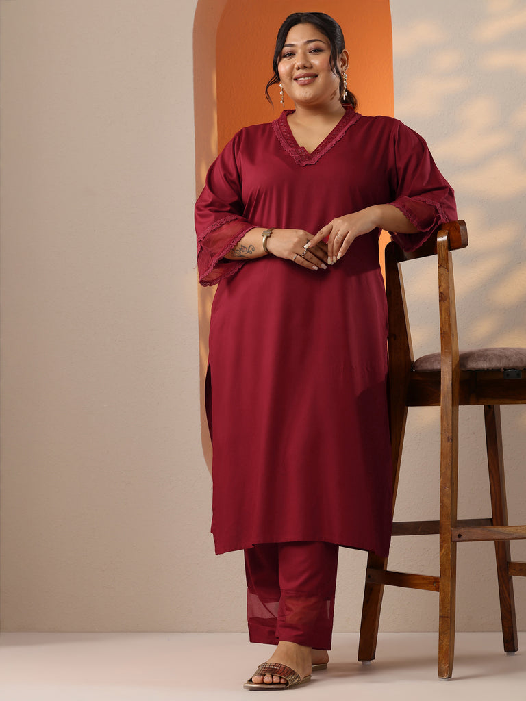 Plus Size Maroon Embellished Rayon Co-Ord Sets
