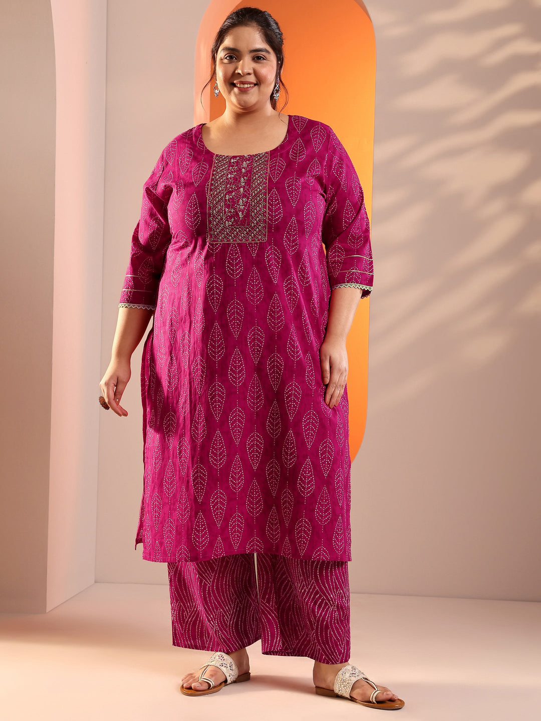  Plus Size Pink Printed Cotton Straight Kurta Set 