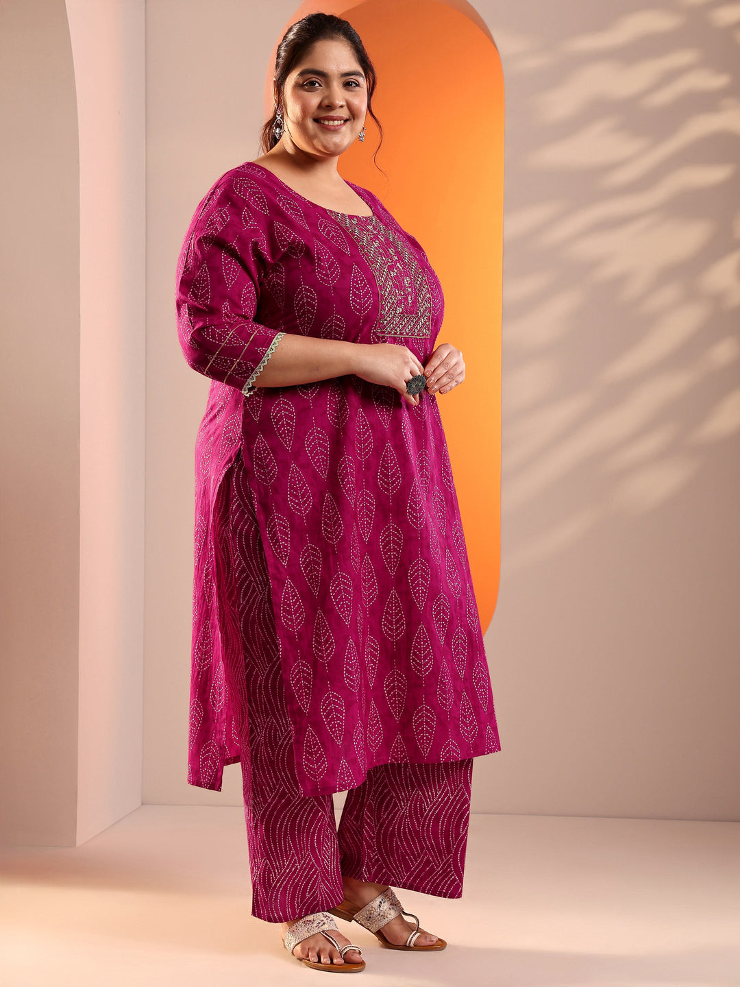  Plus Size Pink Printed Cotton Straight Kurta Set 