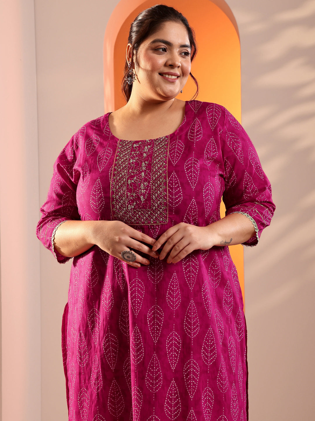  Plus Size Pink Printed Cotton Straight Kurta Set 