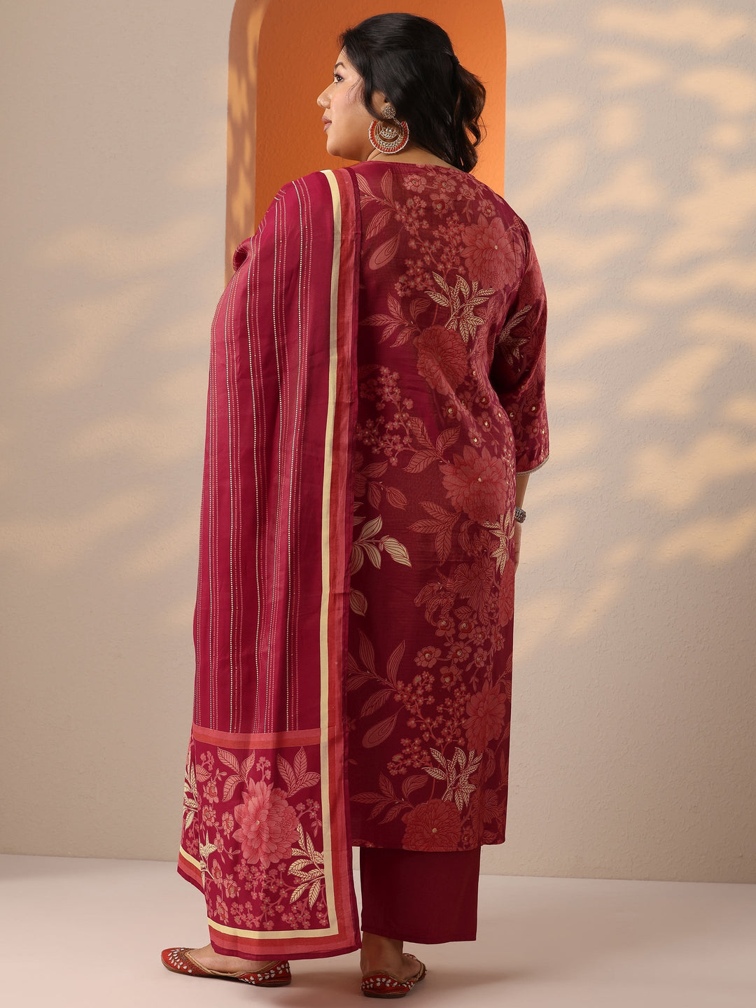  Plus Size Maroon Printed Silk Blend Straight Suit Set With Dupatta 
