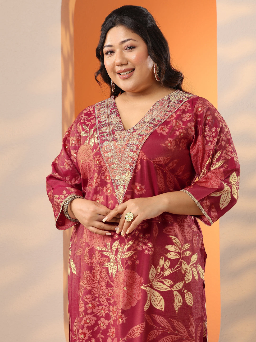  Plus Size Maroon Printed Silk Blend Straight Suit Set With Dupatta 