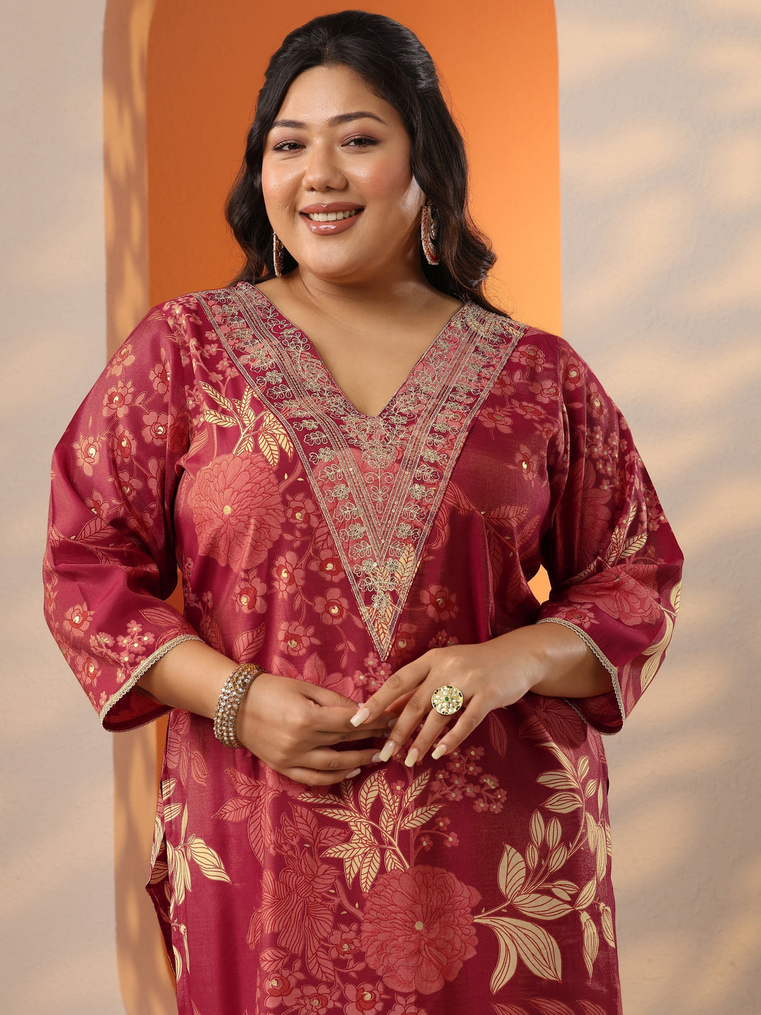  Plus Size Maroon Printed Silk Blend Straight Suit Set With Dupatta 