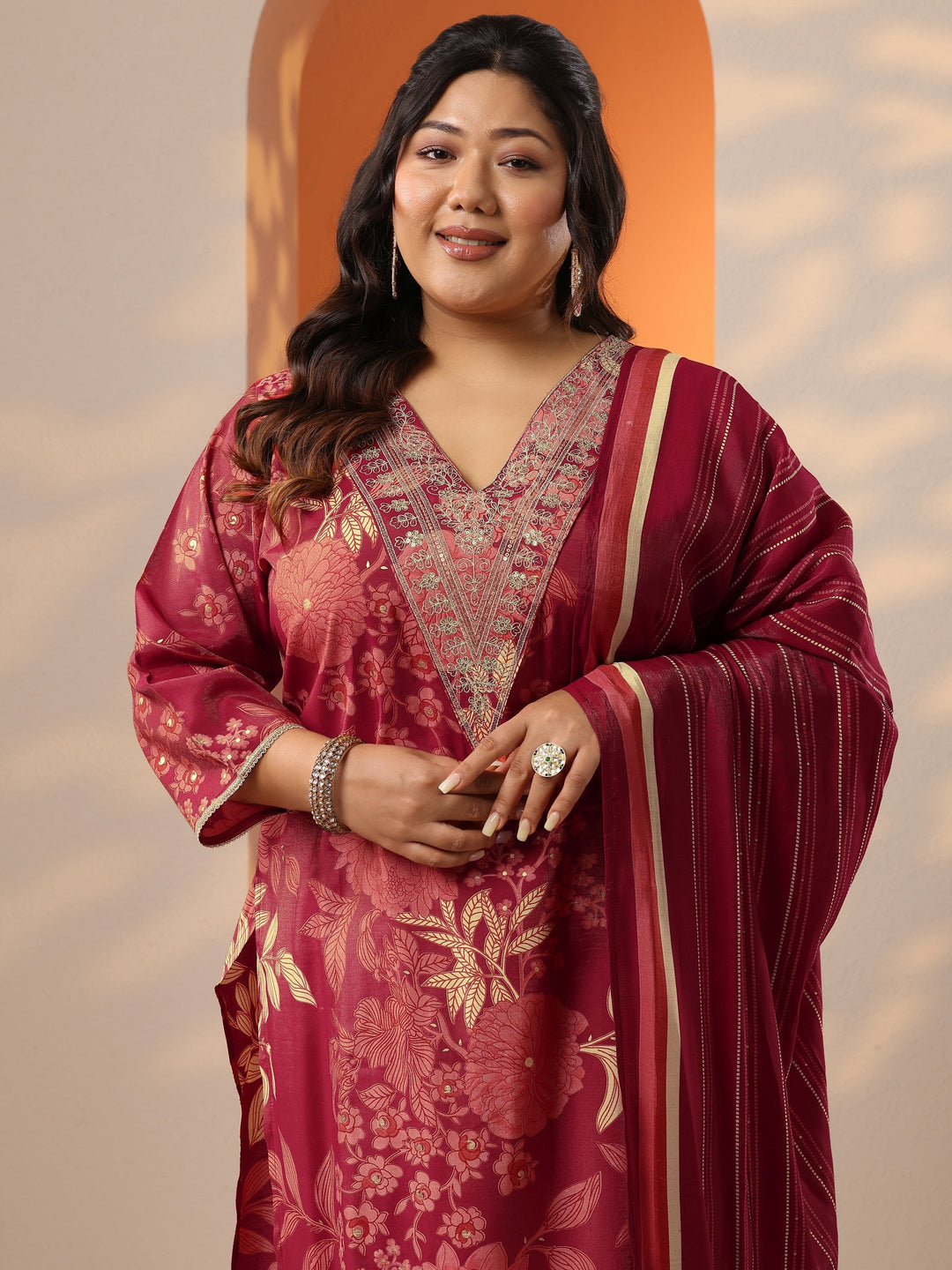  Plus Size Maroon Printed Silk Blend Straight Suit Set With Dupatta 