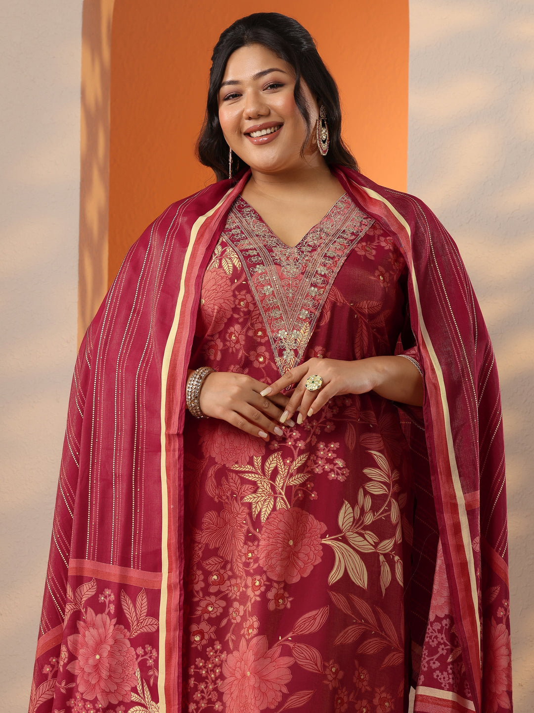  Plus Size Maroon Printed Silk Blend Straight Suit Set With Dupatta 