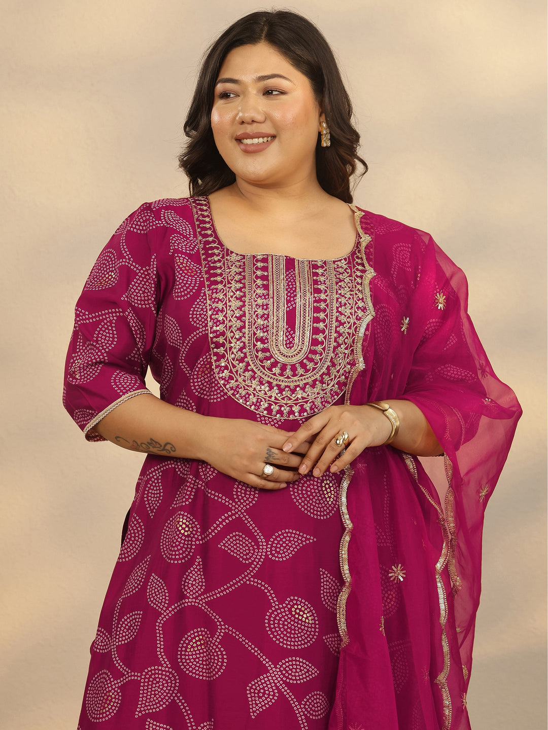  Plus Size Pink Printed Silk Blend Straight Suit Set With Dupatta 