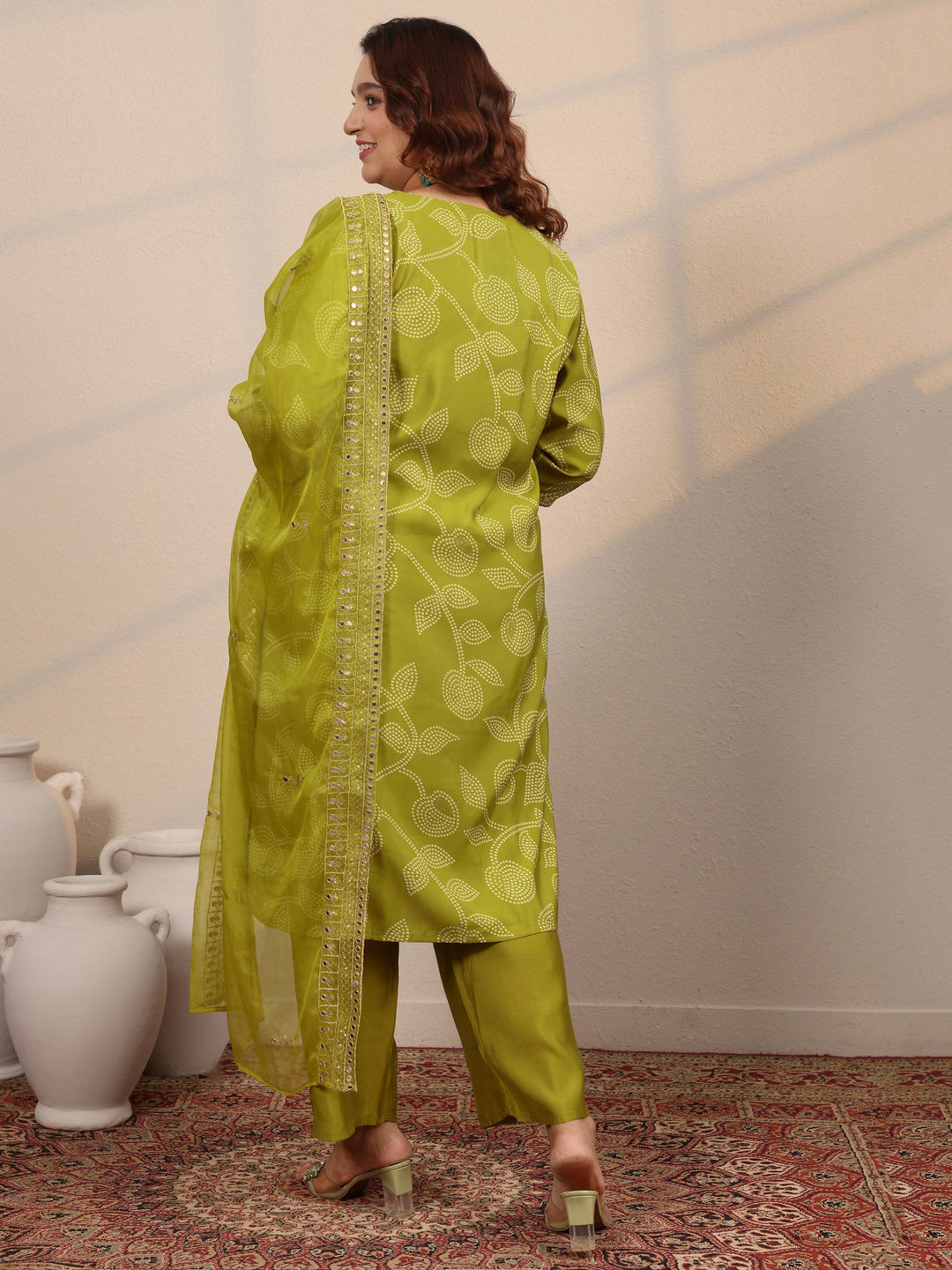  Plus Size Green Printed Silk Blend Straight Suit Set With Dupatta 