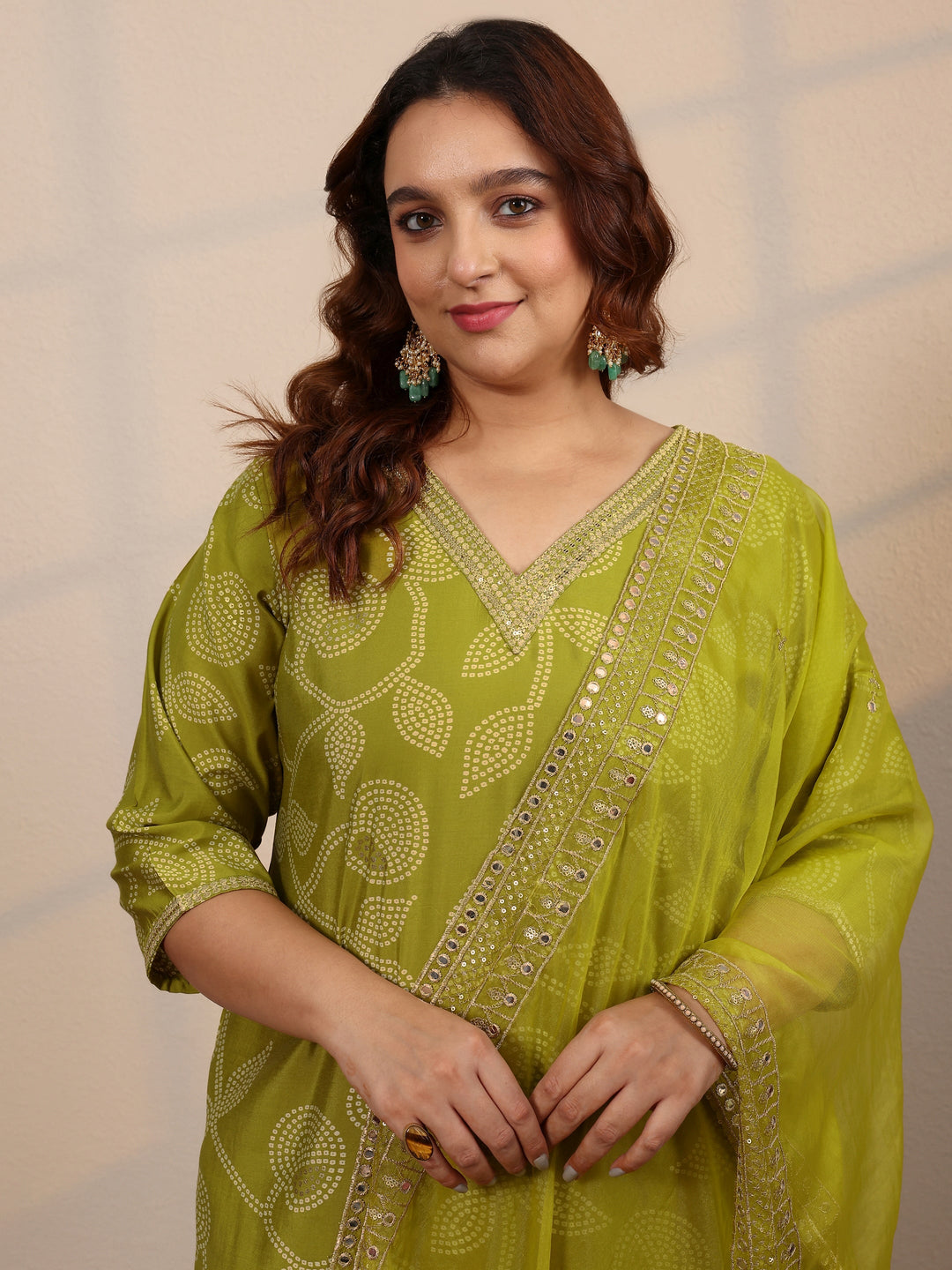  Plus Size Green Printed Silk Blend Straight Suit Set With Dupatta 