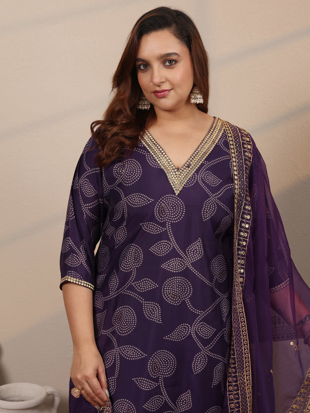  Plus Size Purple Printed Silk Blend Straight Suit Set With Dupatta 