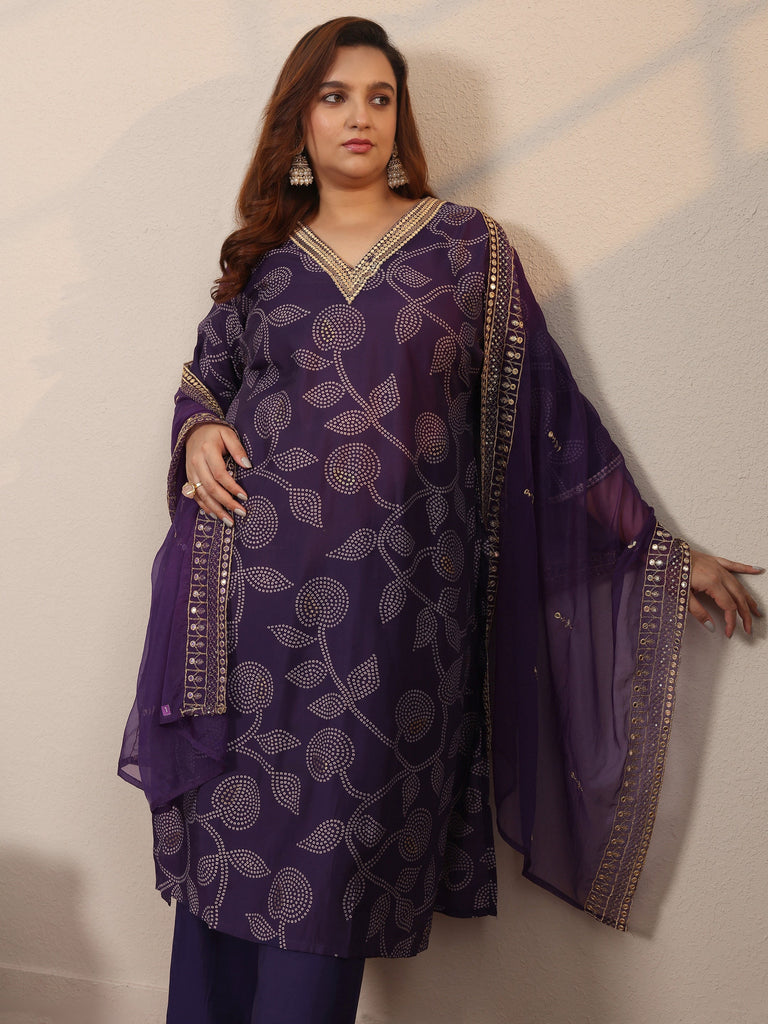 Plus Size Purple Printed Silk Blend Straight Suit Set With Dupatta