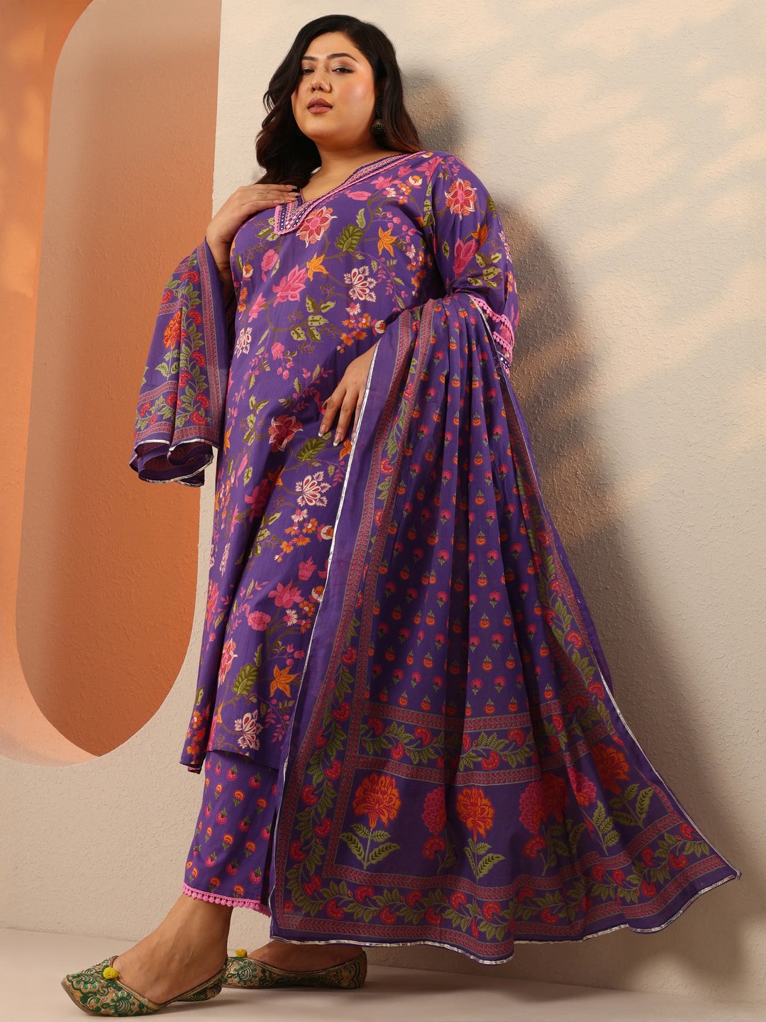 Plus Size Purple Printed Cotton Straight Suit Set With Dupatta
