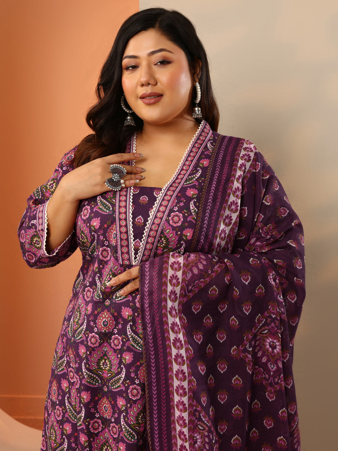  Plus Size Burgundy Printed Cotton Straight Suit Set With Dupatta 