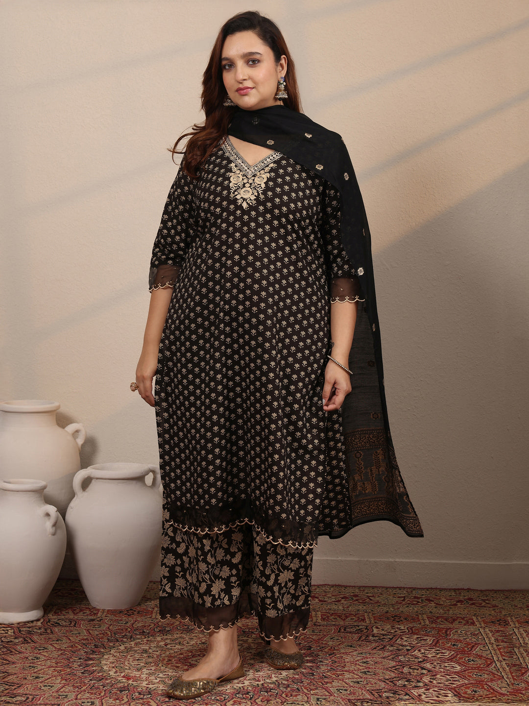  Plus Size Black Printed Cotton Straight Suit Set With Dupatta 