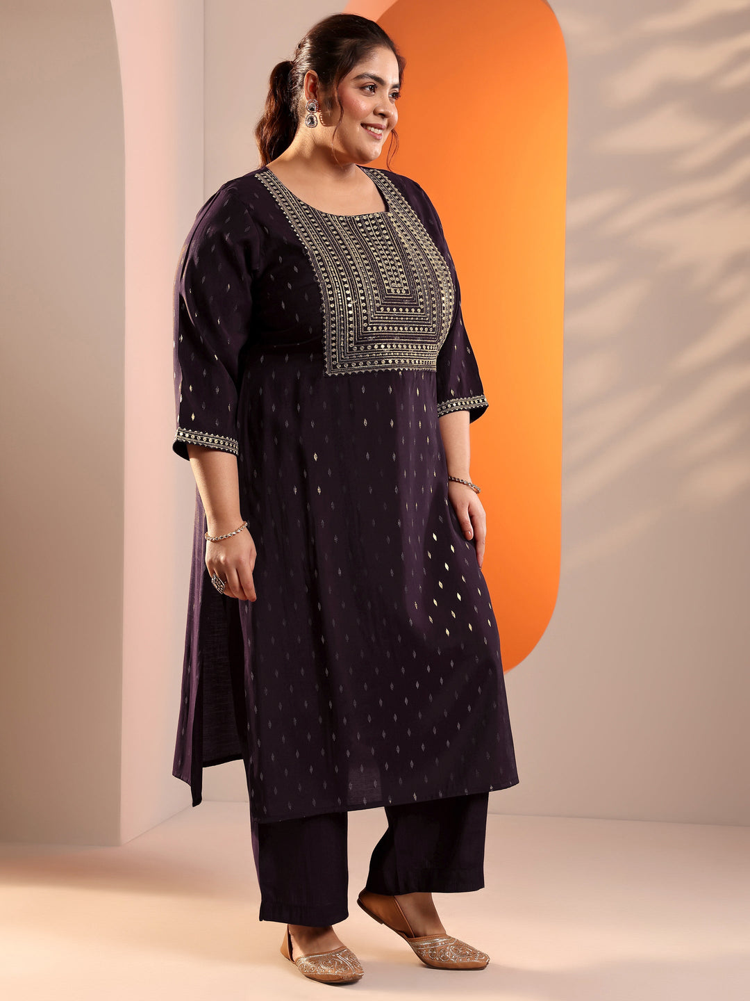  Plus Size Burgundy Embellised Silk Blend Straight Kurta Set 