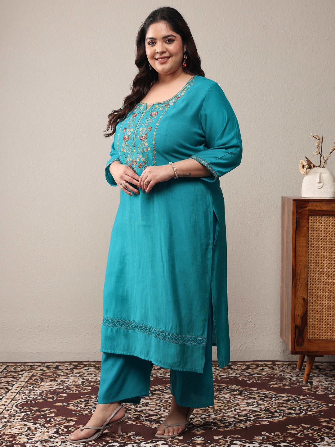  Plus Size Turquoise blue Embroidered Silk Blend Straight Kurta Set 