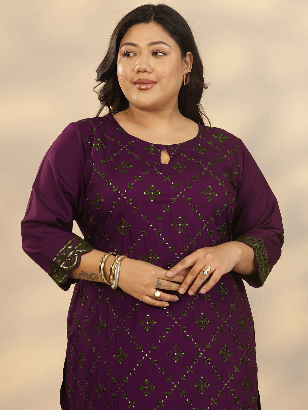  Plus Size Burgundy Embroidered Rayon Straight Kurta Set 