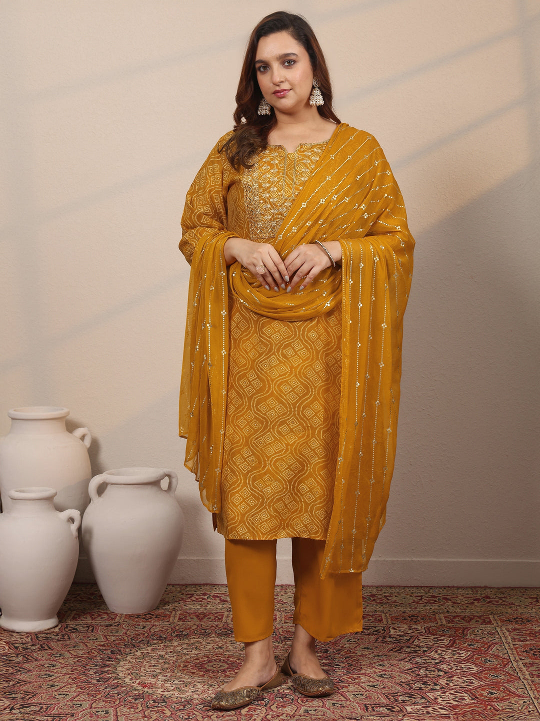 Plus Size Mustard Printed Silk Blend Straight Suit Set With Dupatta