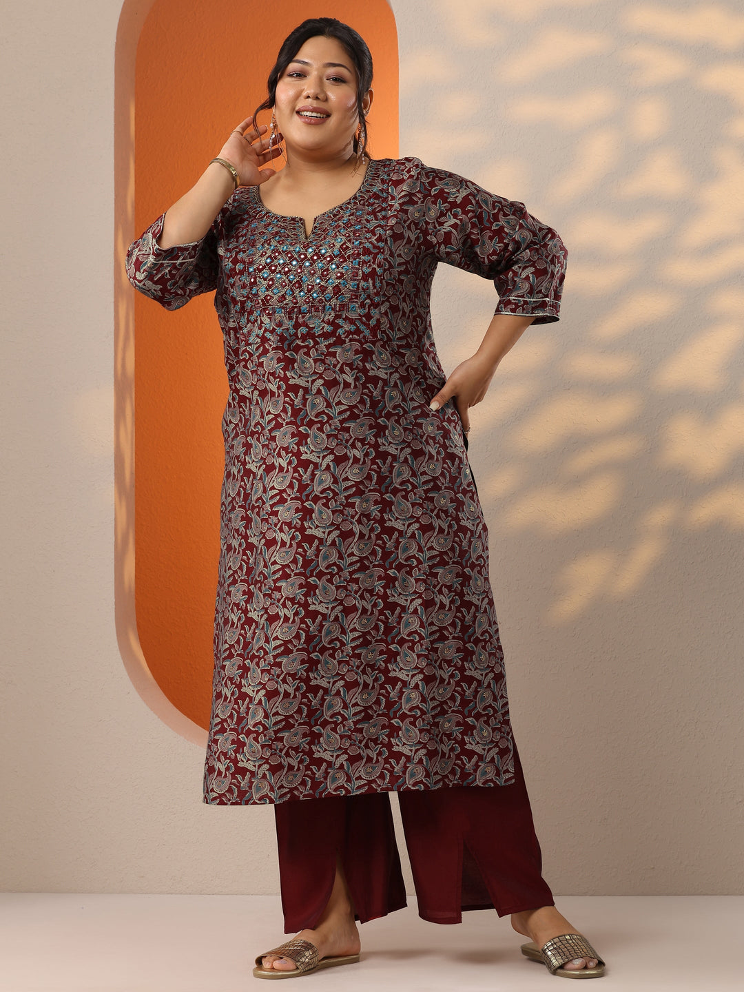  Plus Size Maroon Printed Silk Blend Straight Kurta Set 