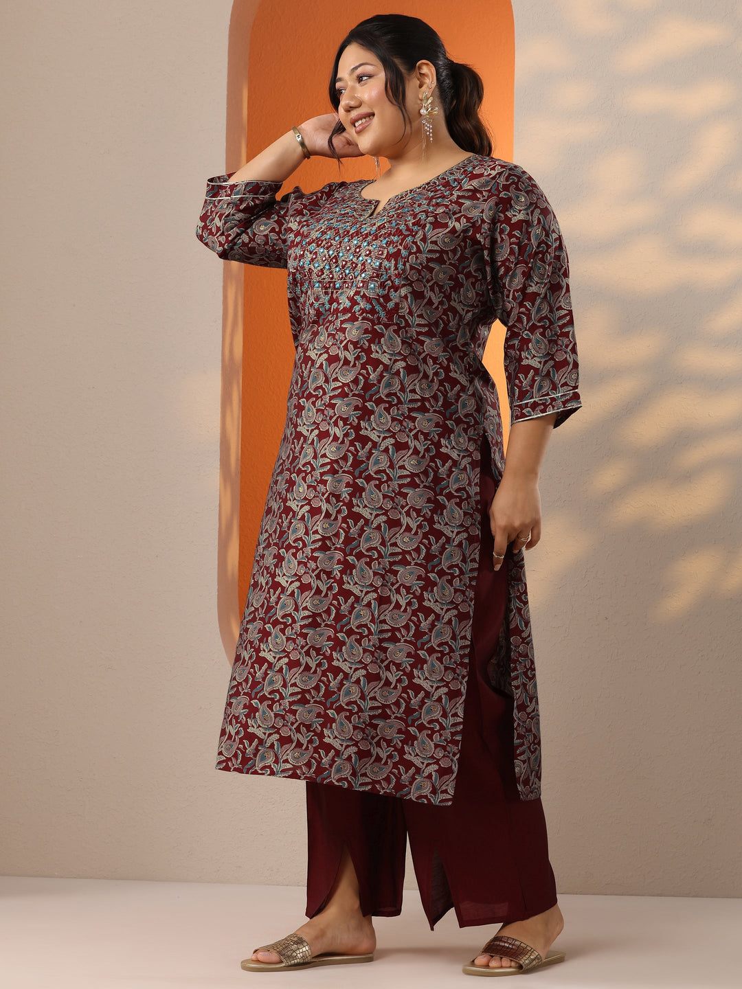  Plus Size Maroon Printed Silk Blend Straight Kurta Set 