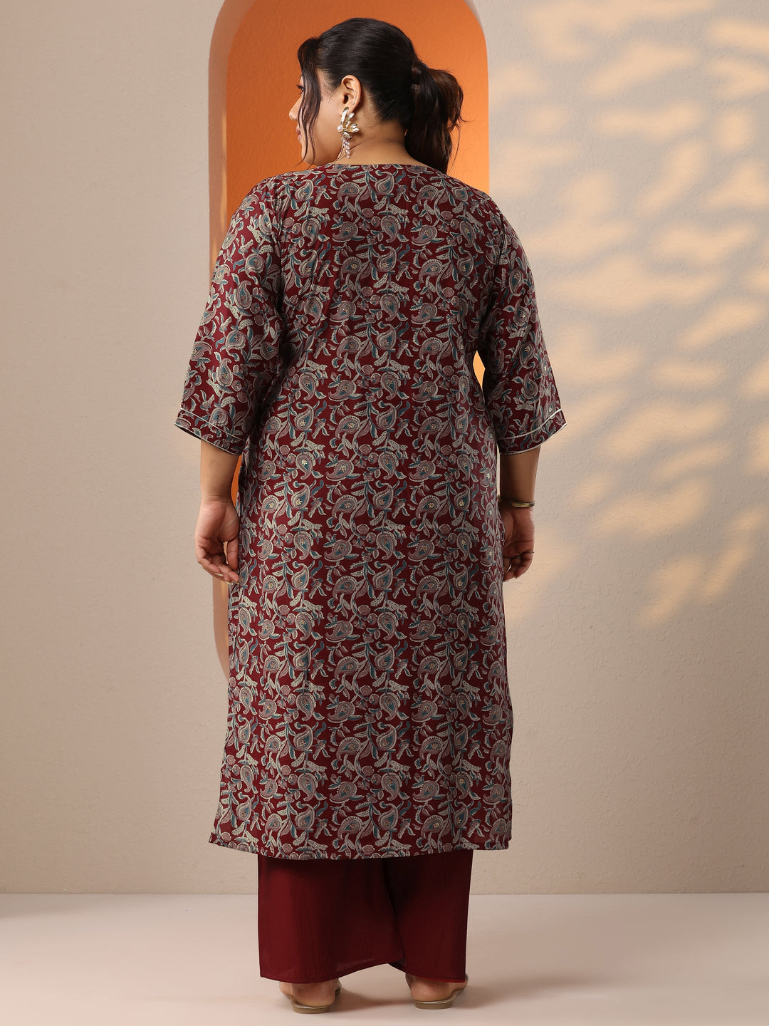  Plus Size Maroon Printed Silk Blend Straight Kurta Set 