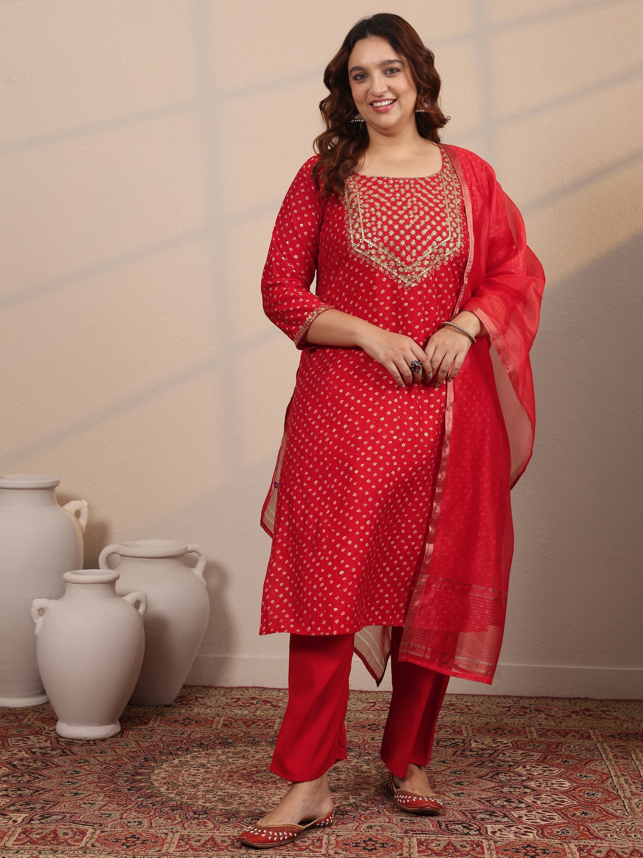 libas Plus Size Red Printed Silk Blend Straight Suit Set With Dupatta-picture-44