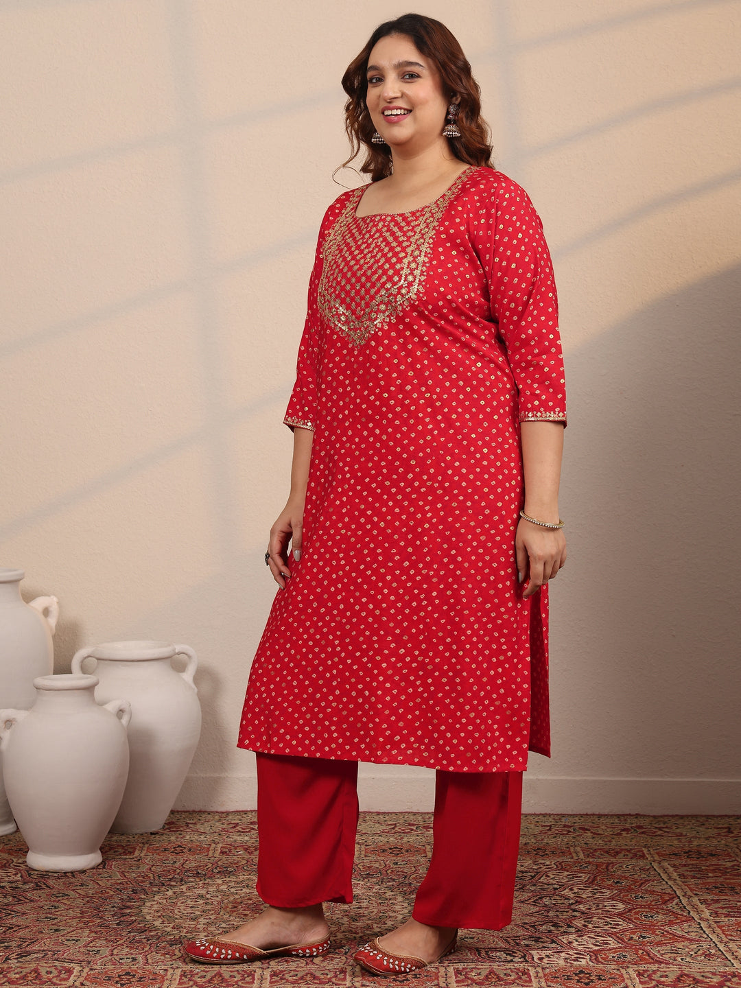  Plus Size Red Printed Silk Blend Straight Suit Set With Dupatta 