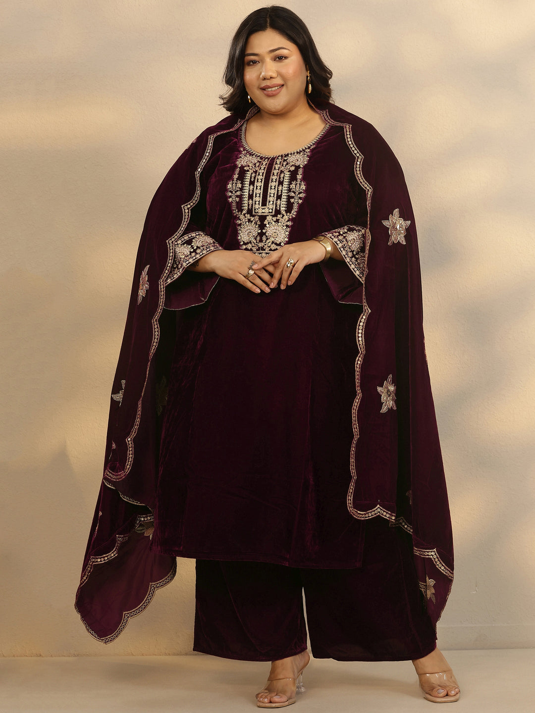  Plus Size Maroon Embroidered Velvet Straight Suit Set With Dupatta 