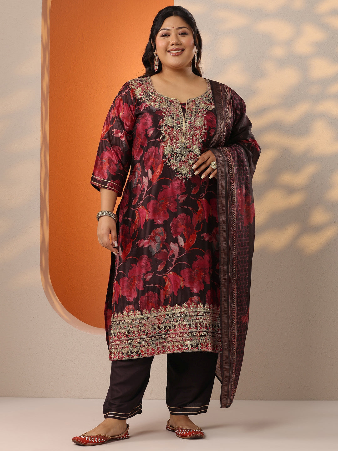  Plus Size Brown Printed Chinon Straight Suit Set With Dupatta 