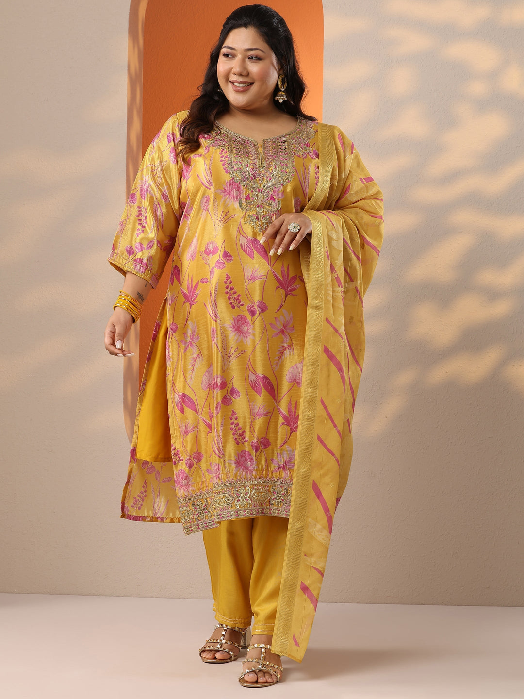  Plus Size Mustard Printed Chinon Straight Suit Set With Dupatta 